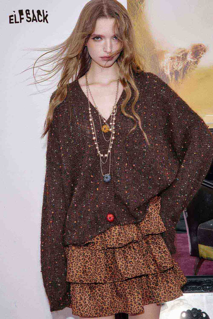 ELFSACK Polyester Blend Animal Print Pleats Asymmetric Hem Tiered Skirt
