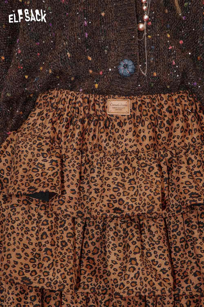 ELFSACK Polyester Blend Animal Print Pleats Asymmetric Hem Tiered Skirt