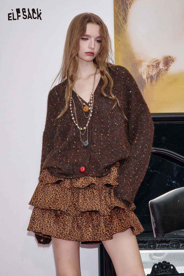 ELFSACK Polyester Blend Animal Print Pleats Asymmetric Hem Tiered Skirt