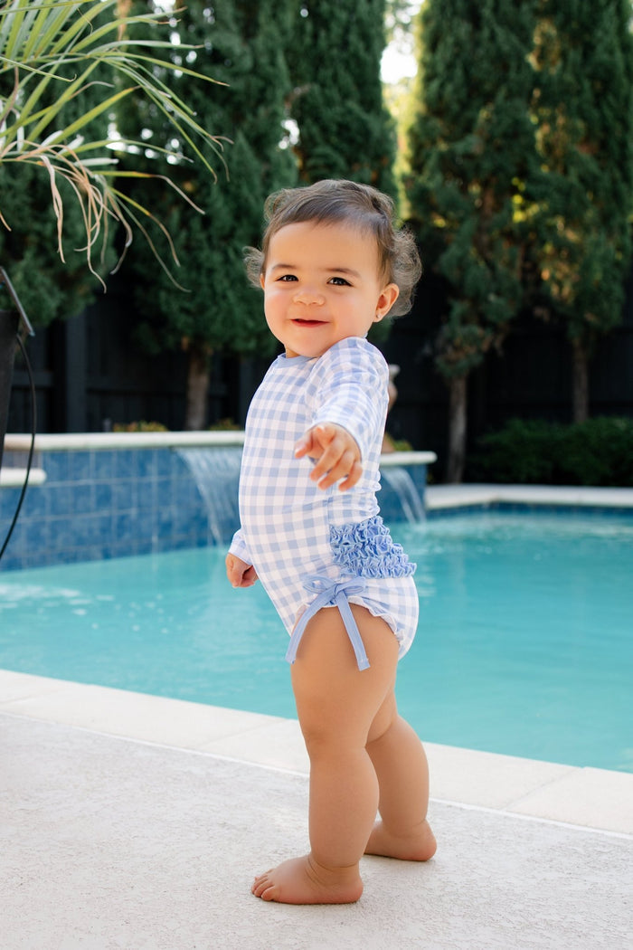 ***PREORDER***Ruffle Bottom Swimsuit - Blue Gingham - Sugar Bee Clothing