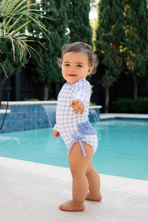 ***PREORDER***Ruffle Bottom Swimsuit - Blue Gingham - Sugar Bee Clothing