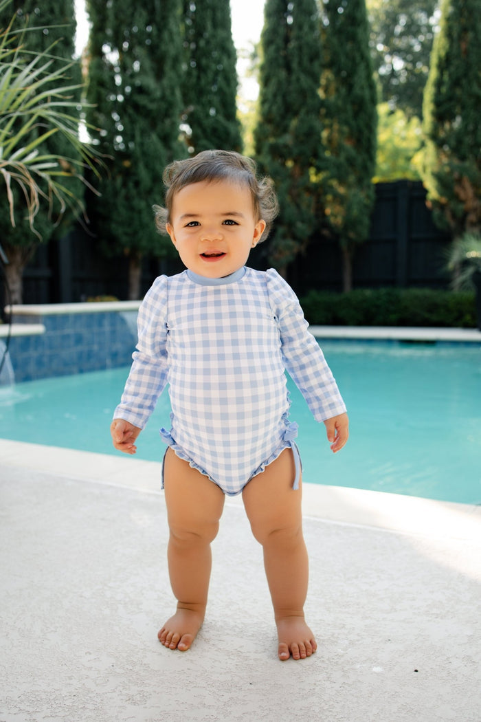 ***PREORDER***Ruffle Bottom Swimsuit - Blue Gingham - Sugar Bee Clothing