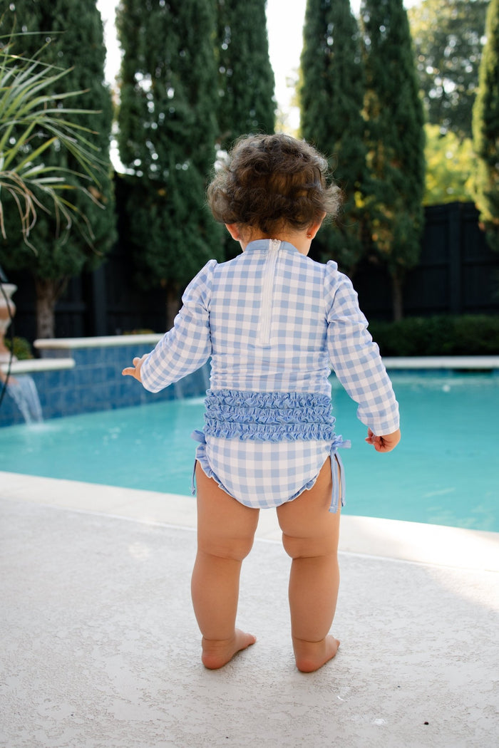 ***PREORDER***Ruffle Bottom Swimsuit - Blue Gingham - Sugar Bee Clothing