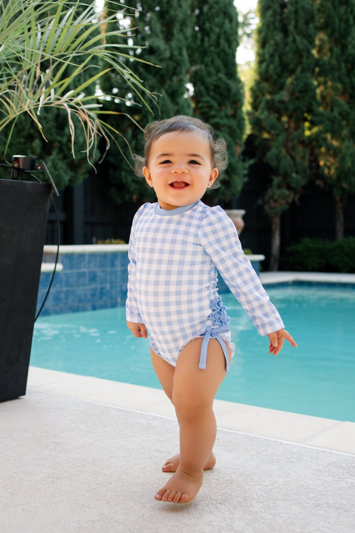 ***PREORDER***Ruffle Bottom Swimsuit - Blue Gingham - Sugar Bee Clothing