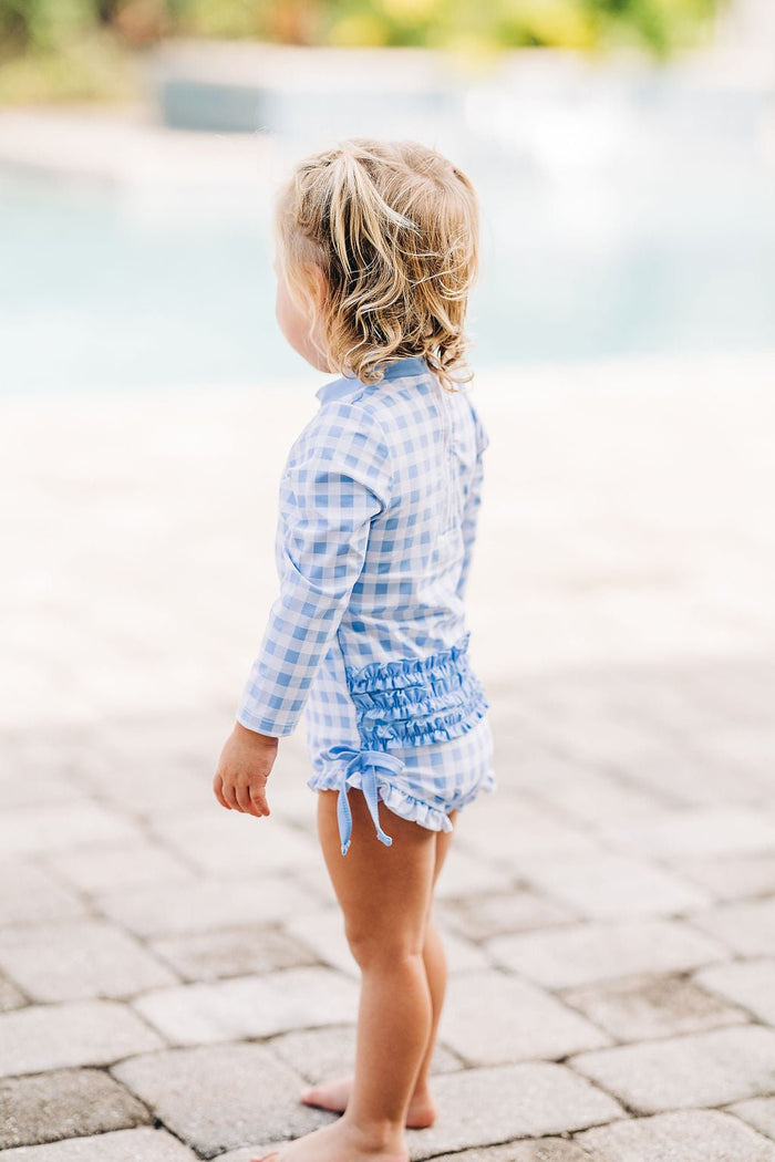 Ruffle Bottom Swimsuit - Blue Gingham - Sugar Bee Clothing