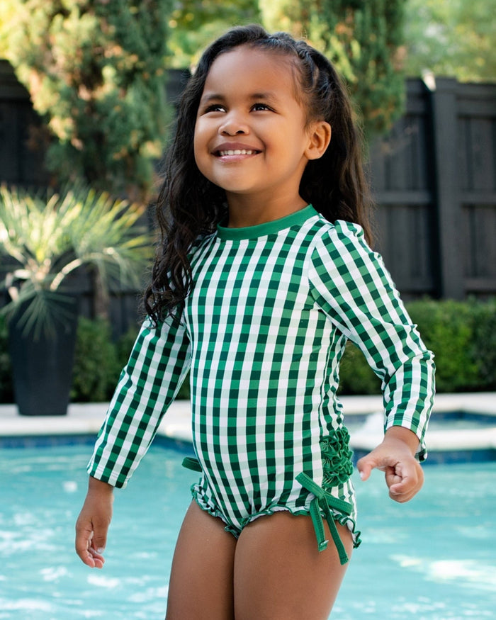 ***PREORDER***Ruffle Bottom Swimsuit - Green Gingham - Sugar Bee Clothing