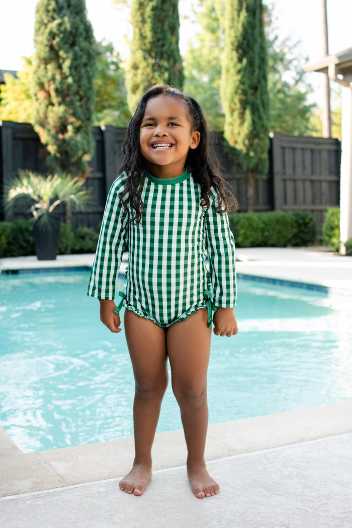 ***PREORDER***Ruffle Bottom Swimsuit - Green Gingham - Sugar Bee Clothing