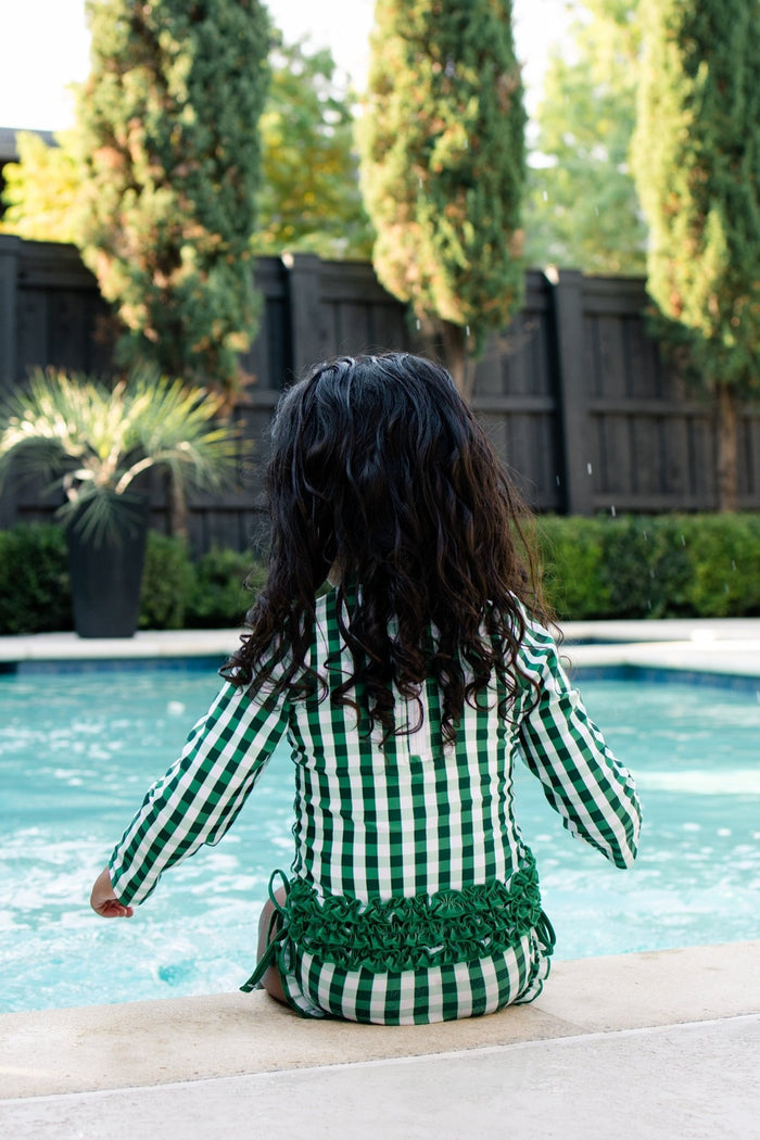 ***PREORDER***Ruffle Bottom Swimsuit - Green Gingham - Sugar Bee Clothing