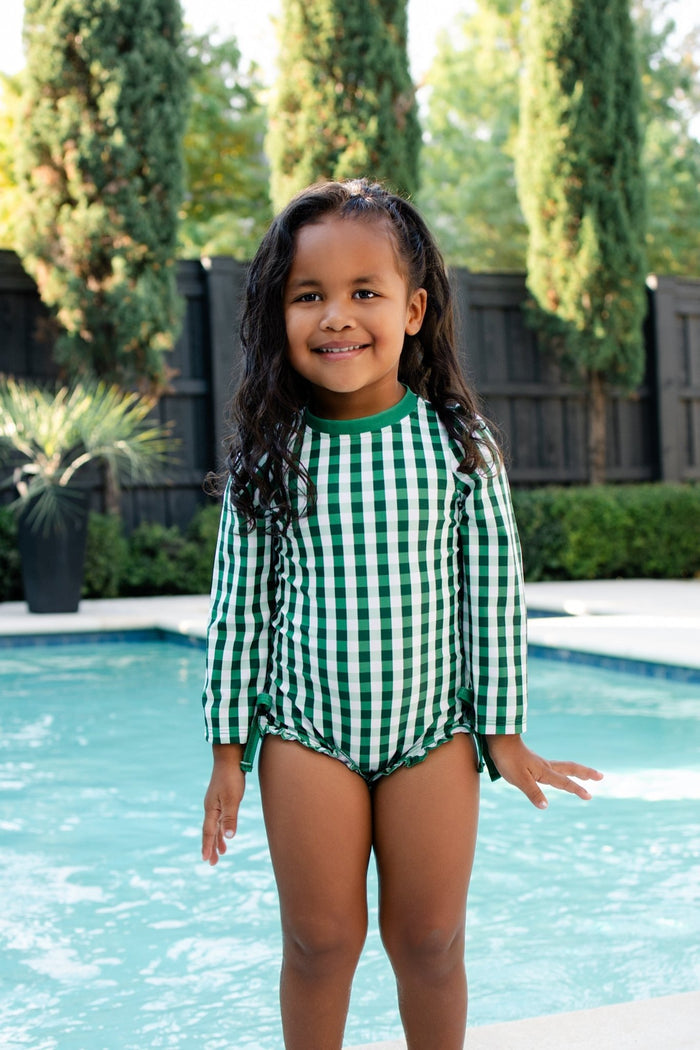 ***PREORDER***Ruffle Bottom Swimsuit - Green Gingham - Sugar Bee Clothing