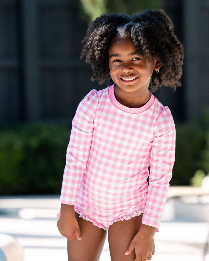 ***PREORDER***Ruffle Bottom Swimsuit - Pink Gingham - Sugar Bee Clothing