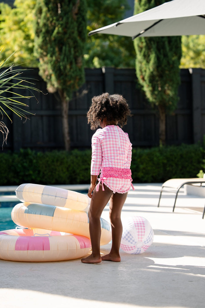 ***PREORDER***Ruffle Bottom Swimsuit - Pink Gingham - Sugar Bee Clothing