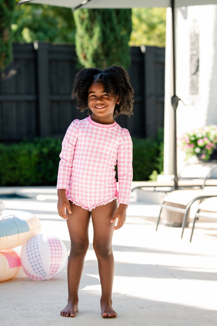 ***PREORDER***Ruffle Bottom Swimsuit - Pink Gingham - Sugar Bee Clothing