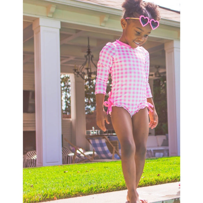 Ruffle Bottom Swimsuit - Pink Gingham - Sugar Bee Clothing