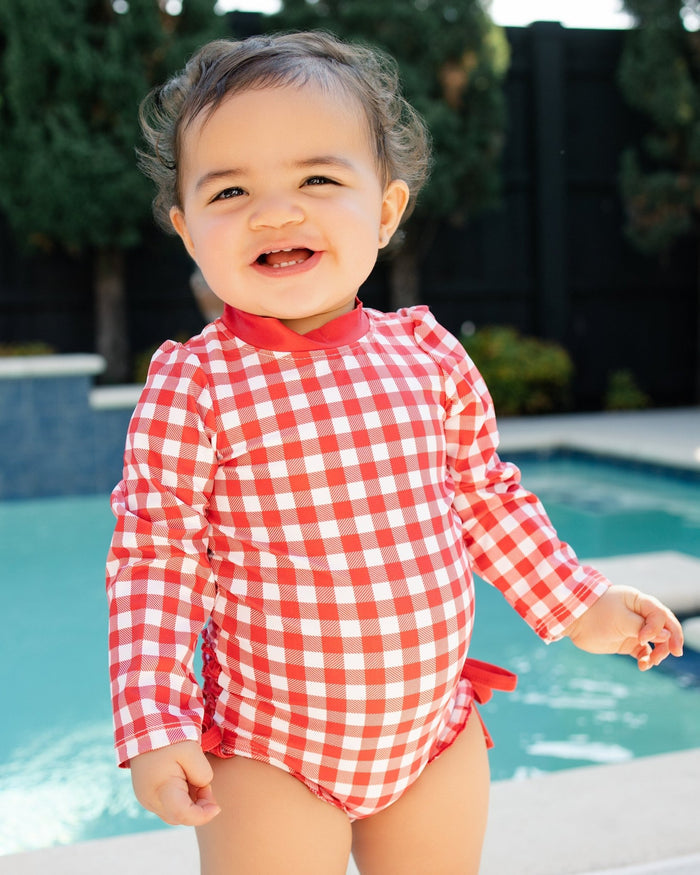 Ruffle Bottom Swimsuit - Red Gingham - Sugar Bee Clothing