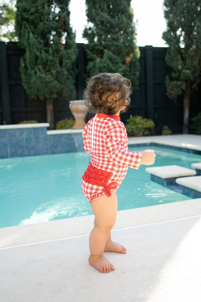 Ruffle Bottom Swimsuit - Red Gingham - Sugar Bee Clothing