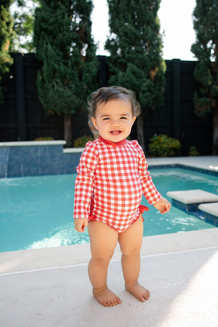 Ruffle Bottom Swimsuit - Red Gingham - Sugar Bee Clothing