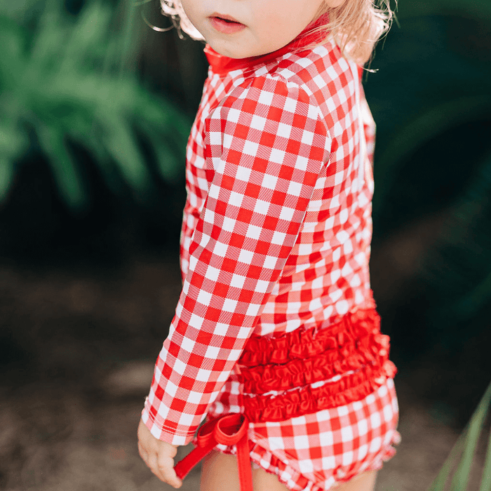 Ruffle Bottom Swimsuit - Red Gingham - Sugar Bee Clothing