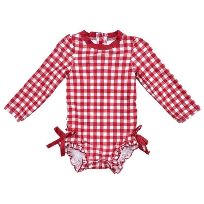 Ruffle Bottom Swimsuit - Red Gingham - Sugar Bee Clothing