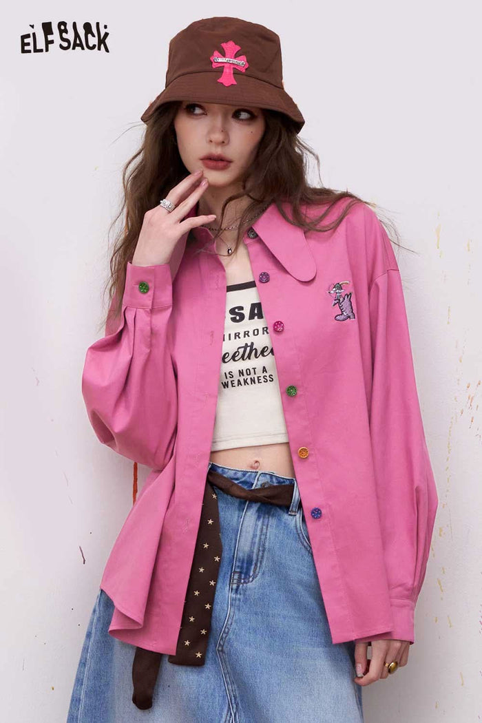 ELFSACK Preppy Button Down Shirt with 3D Embroidery