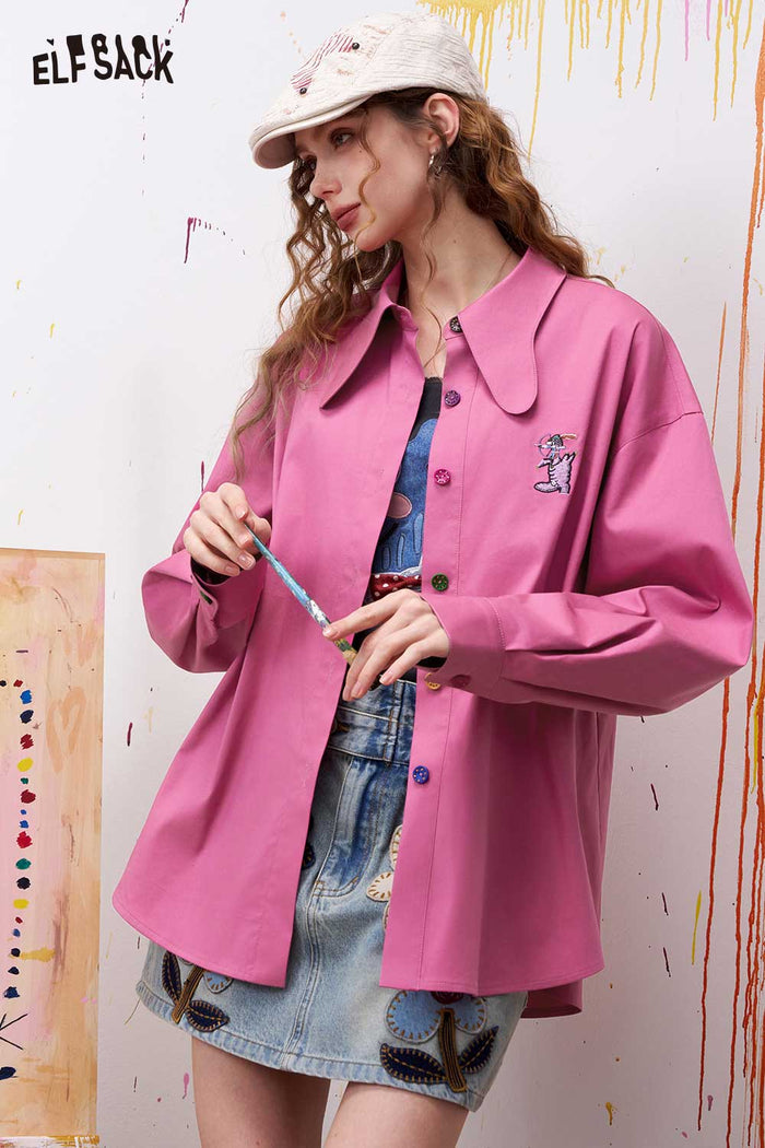 ELFSACK Preppy Button Down Shirt with 3D Embroidery
