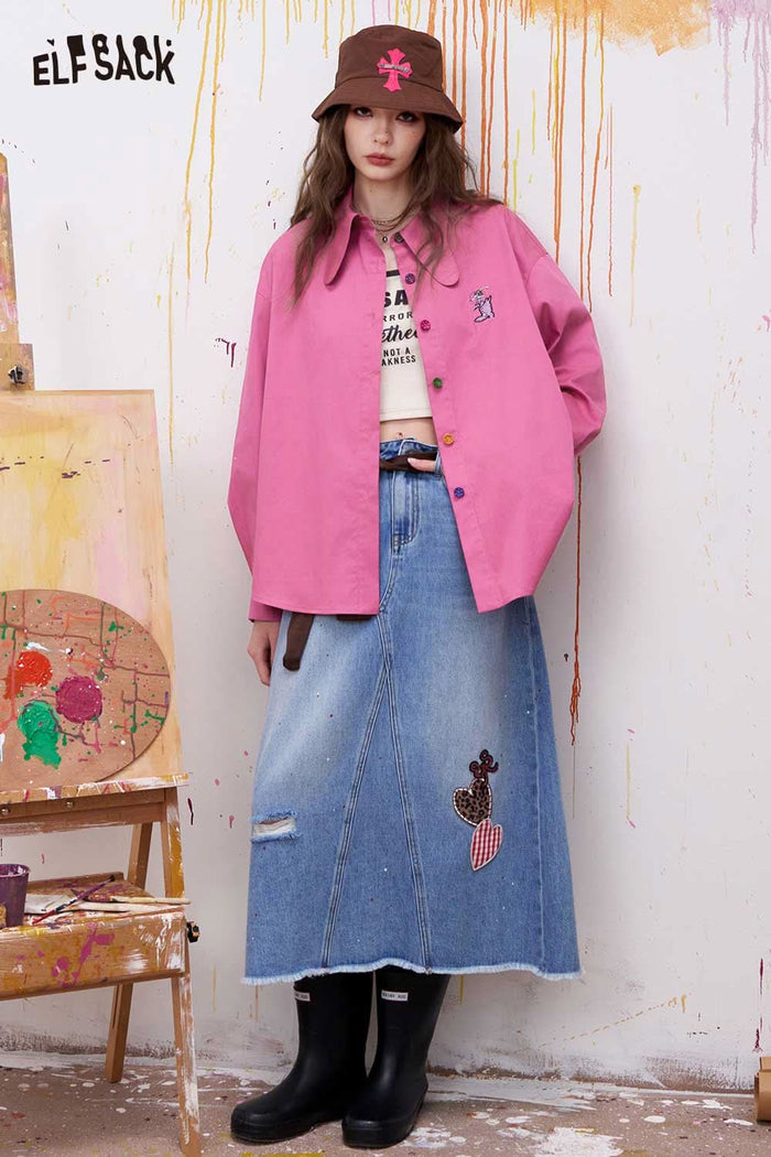 ELFSACK Preppy Button Down Shirt with 3D Embroidery