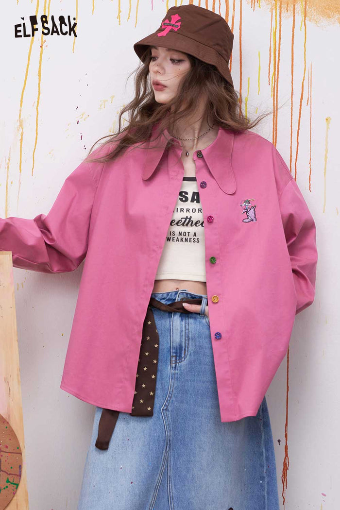 ELFSACK Preppy Button Down Shirt with 3D Embroidery