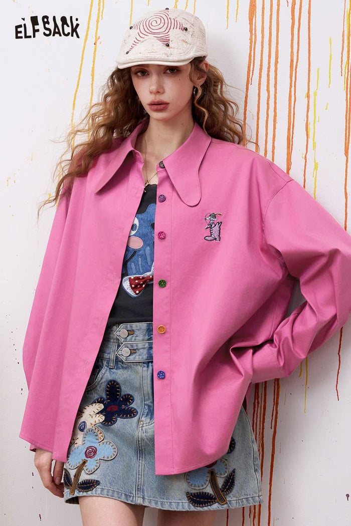ELFSACK Preppy Button Down Shirt with 3D Embroidery