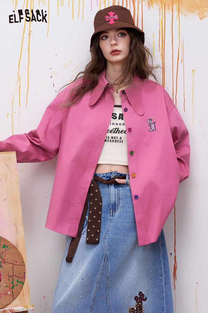 ELFSACK Preppy Button Down Shirt with 3D Embroidery