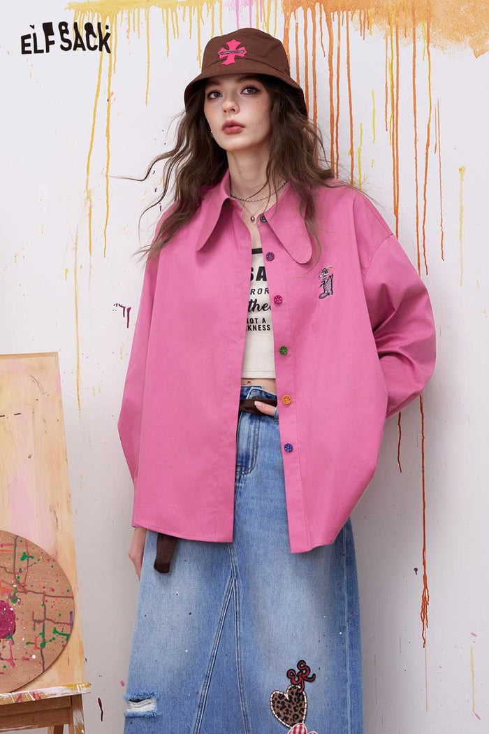 ELFSACK Preppy Button Down Shirt with 3D Embroidery
