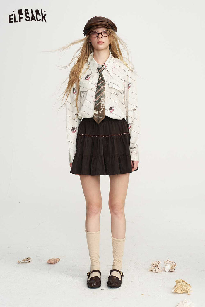 Preppy Fake Tie Print Long Sleeve Blouse