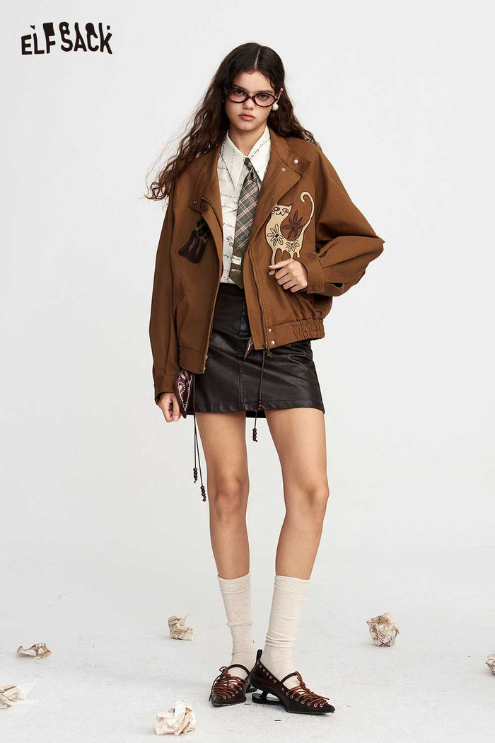 Preppy Fake Tie Print Long Sleeve Blouse