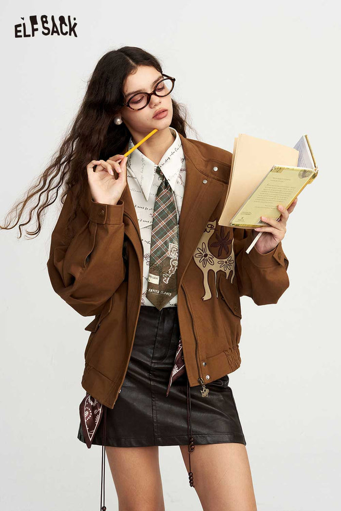 Preppy Fake Tie Print Long Sleeve Blouse