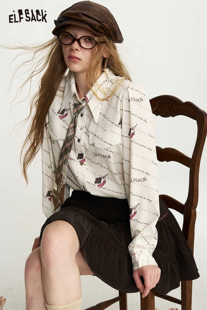 Preppy Fake Tie Print Long Sleeve Blouse