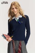 Preppy Fake Two Piece Polo Collar Crop Knit Top