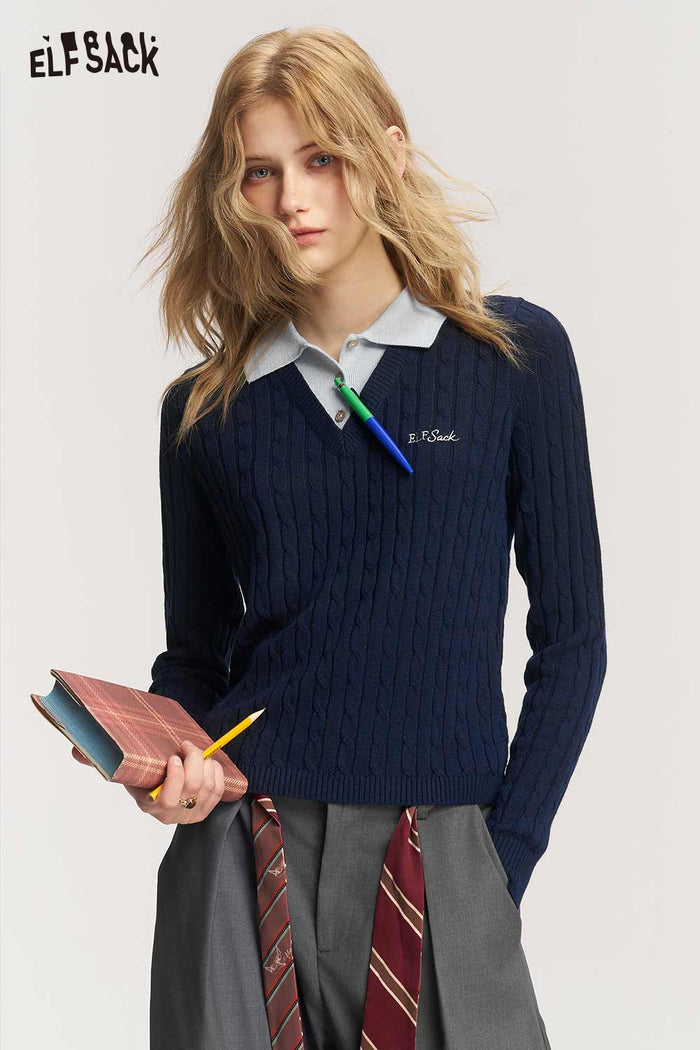 Preppy Fake Two Piece Polo Collar Crop Knit Top