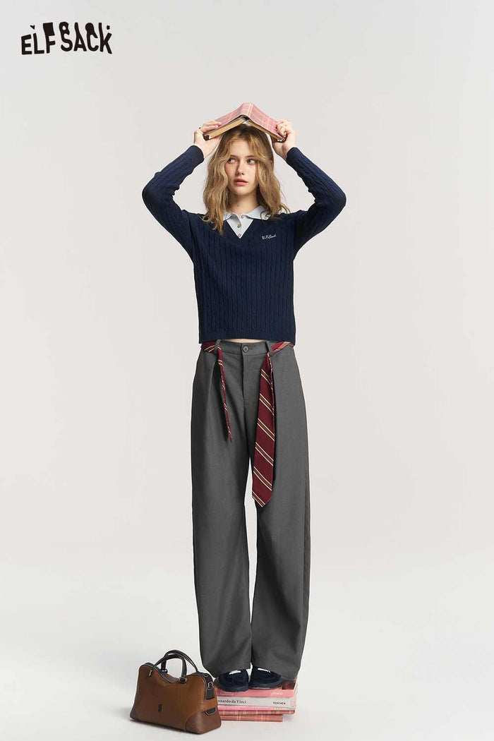 Preppy Fake Two Piece Polo Collar Crop Knit Top