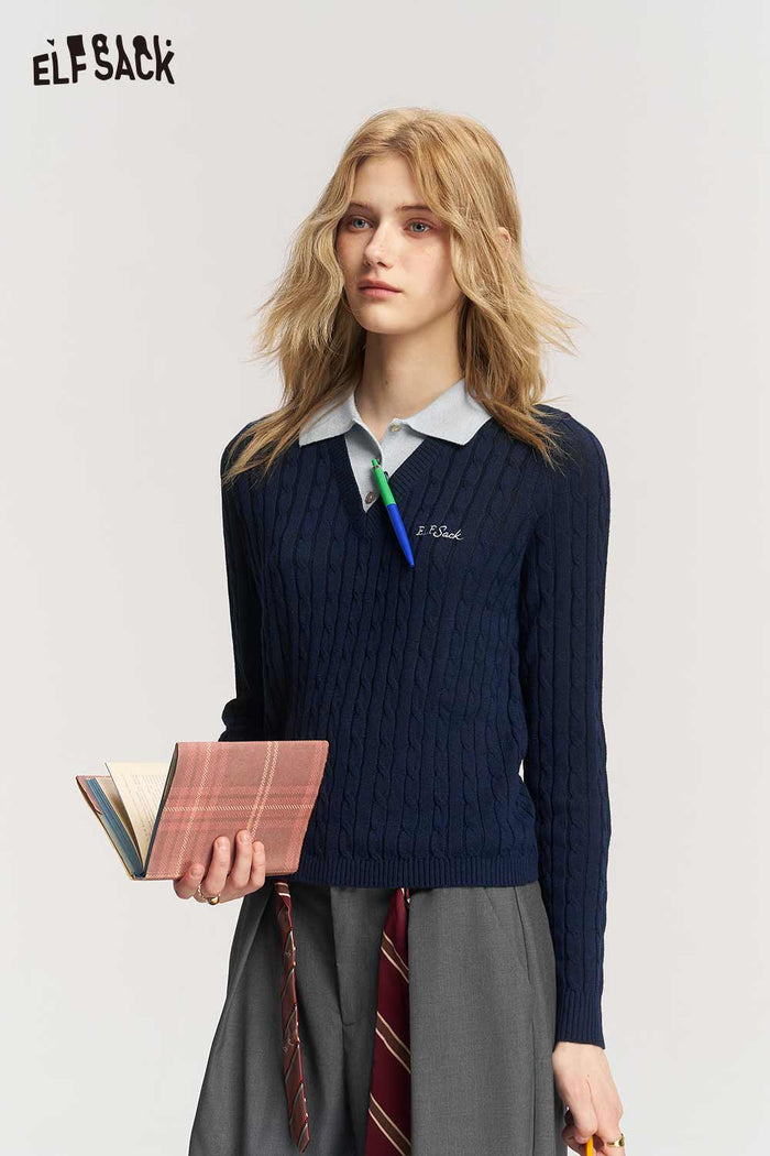 Preppy Fake Two Piece Polo Collar Crop Knit Top