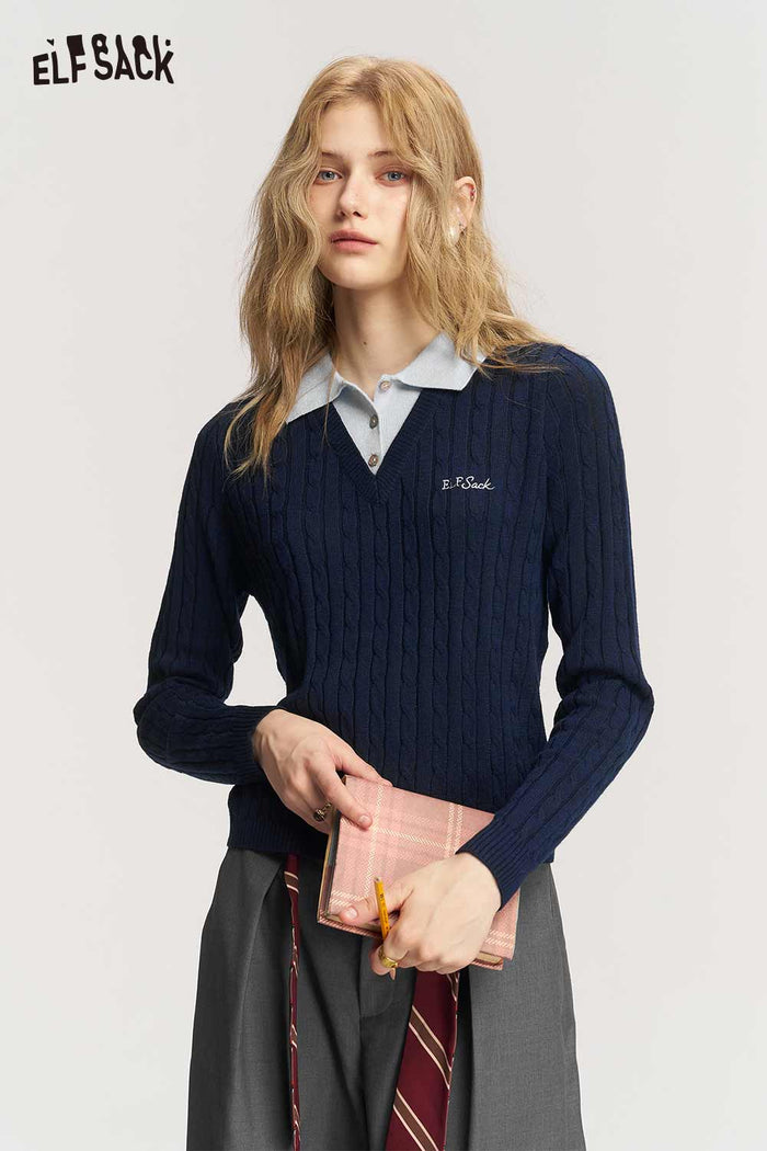 Preppy Fake Two Piece Polo Collar Crop Knit Top