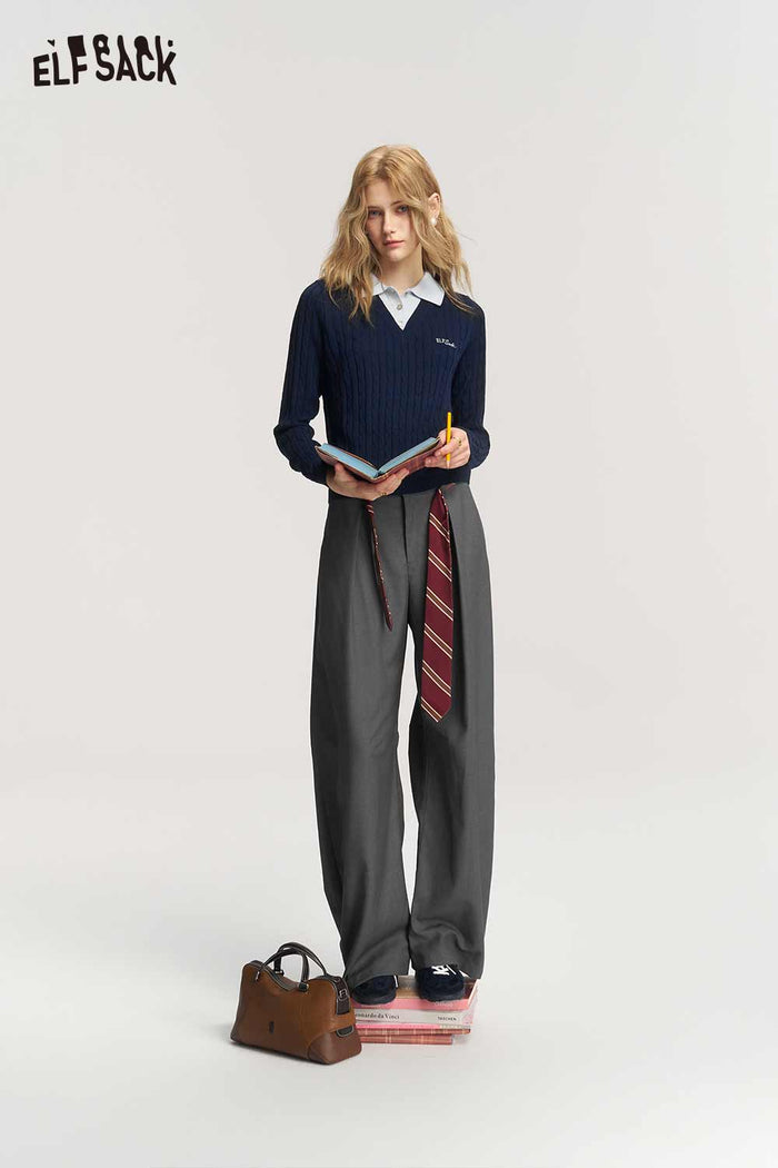 Preppy Fake Two Piece Polo Collar Crop Knit Top