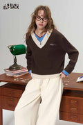 Preppy Fake Two Piece V Neck Contrast Trim Embroidered Sweater