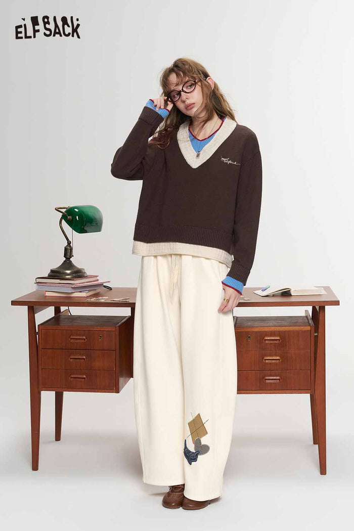 Preppy Fake Two Piece V Neck Contrast Trim Embroidered Sweater