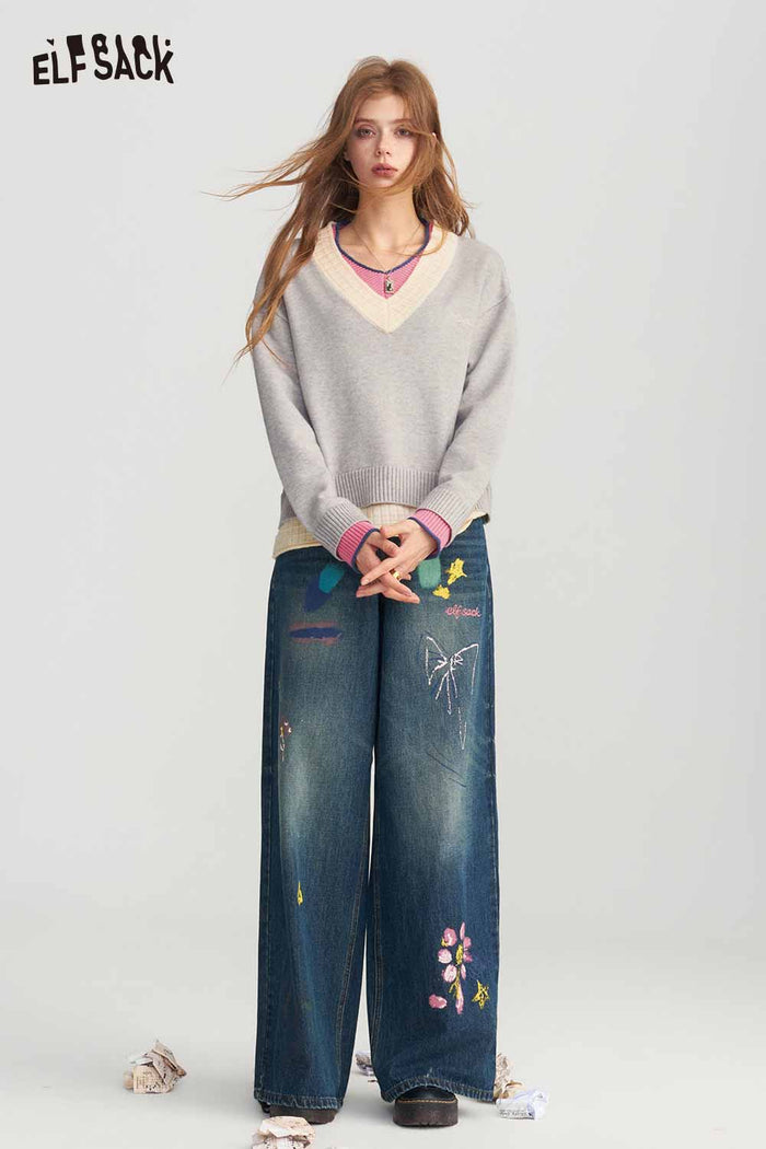 Preppy Fake Two Piece V Neck Contrast Trim Embroidered Sweater