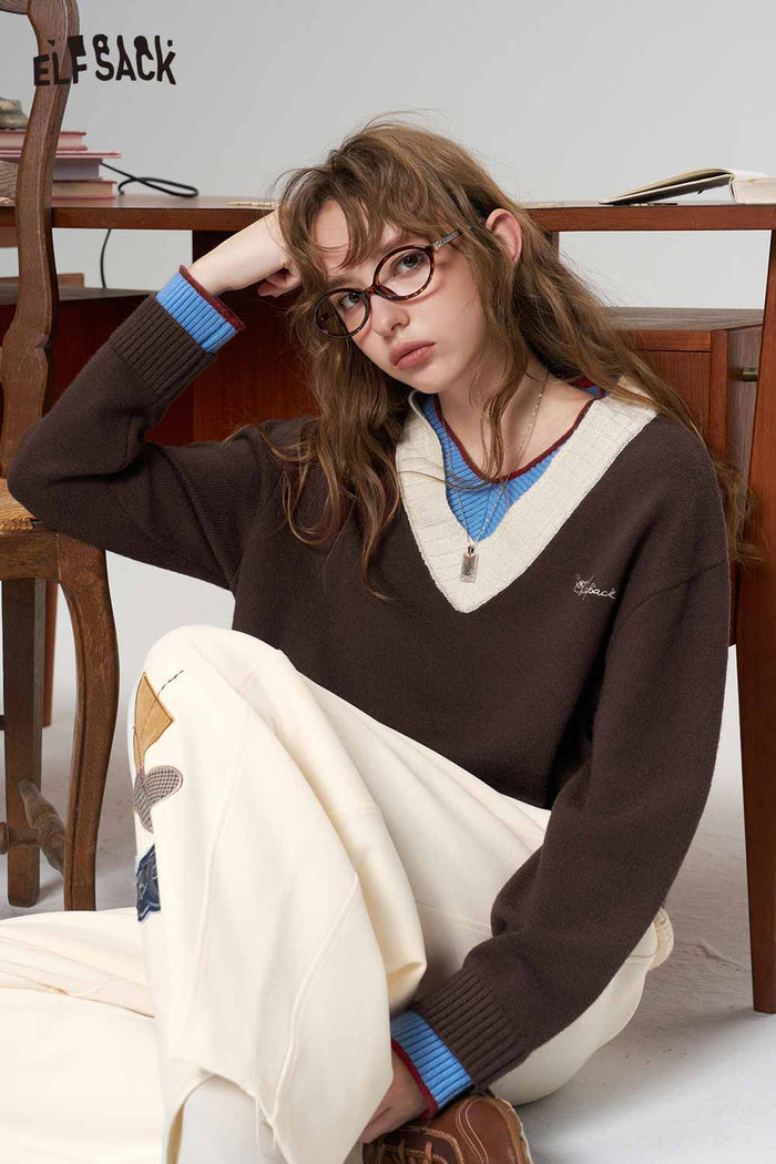 Preppy Fake Two Piece V Neck Contrast Trim Embroidered Sweater