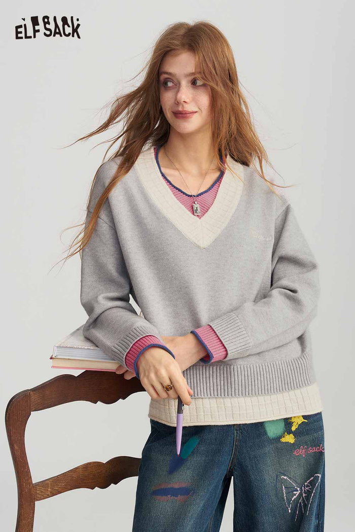 Preppy Fake Two Piece V Neck Contrast Trim Embroidered Sweater