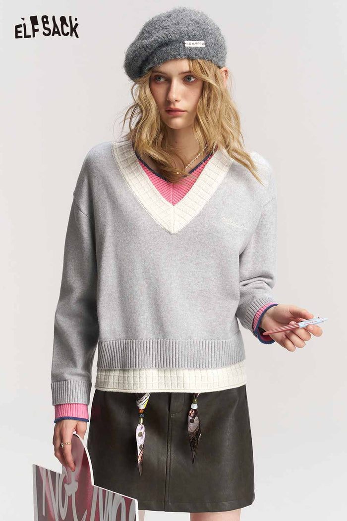 Preppy Fake Two Piece V Neck Contrast Trim Embroidered Sweater