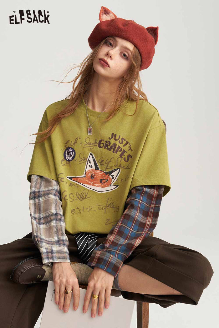 Preppy Faux Two Piece Fox Graphic Plaid Patchwork Long Sleeve Tee