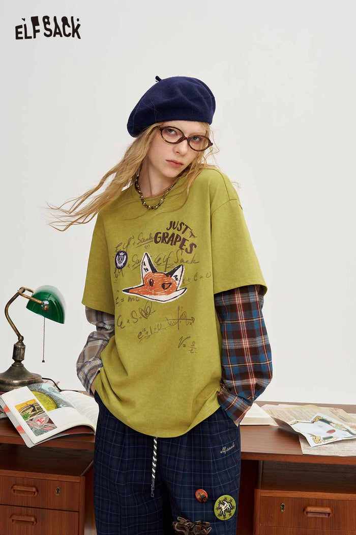 Preppy Faux Two Piece Fox Graphic Plaid Patchwork Long Sleeve Tee