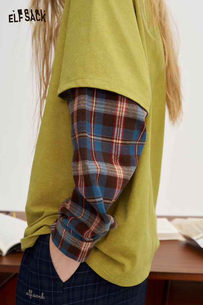 Preppy Faux Two Piece Fox Graphic Plaid Patchwork Long Sleeve Tee
