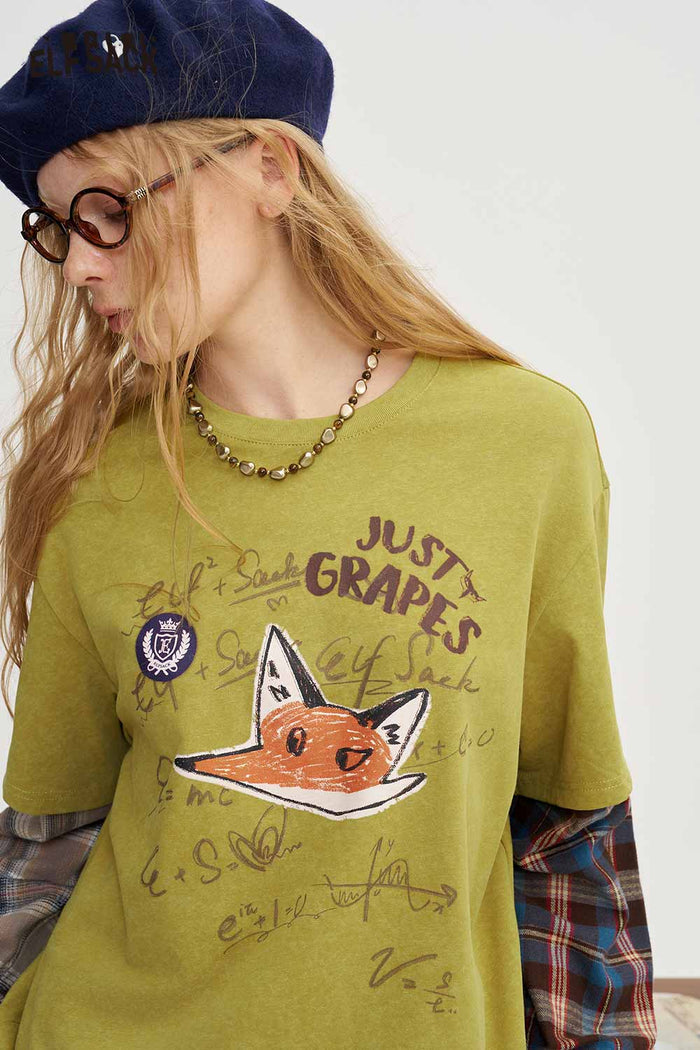 Preppy Faux Two Piece Fox Graphic Plaid Patchwork Long Sleeve Tee