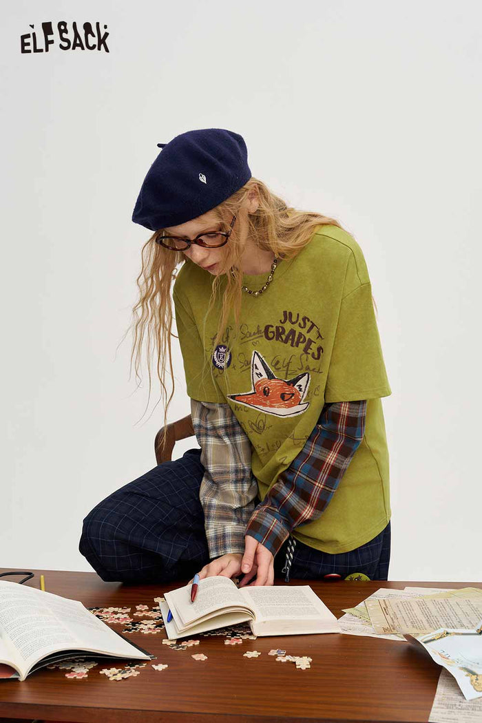 Preppy Faux Two Piece Fox Graphic Plaid Patchwork Long Sleeve Tee